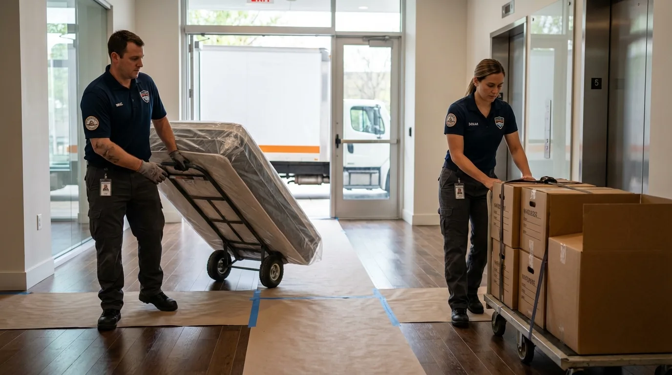 Professional apartment movers loading elevator in Glasgow, MO